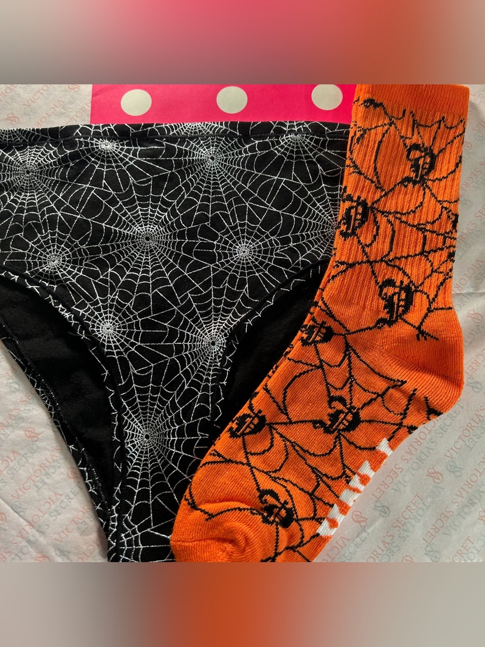 Spiderweb Print Black Cotton Panty w/ VS PINK Orange Spiderweb Socks